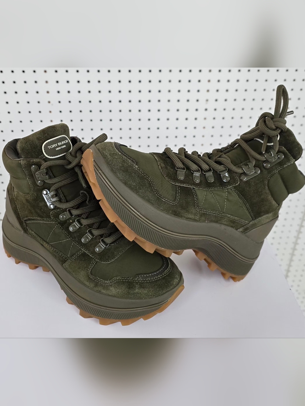 Tory Burch Olive Suede Lace-Up Lug Boots
